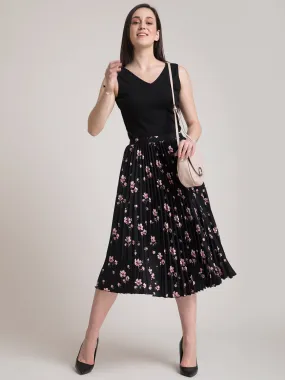 Pleated Flared Floral Midi Skirt - Black