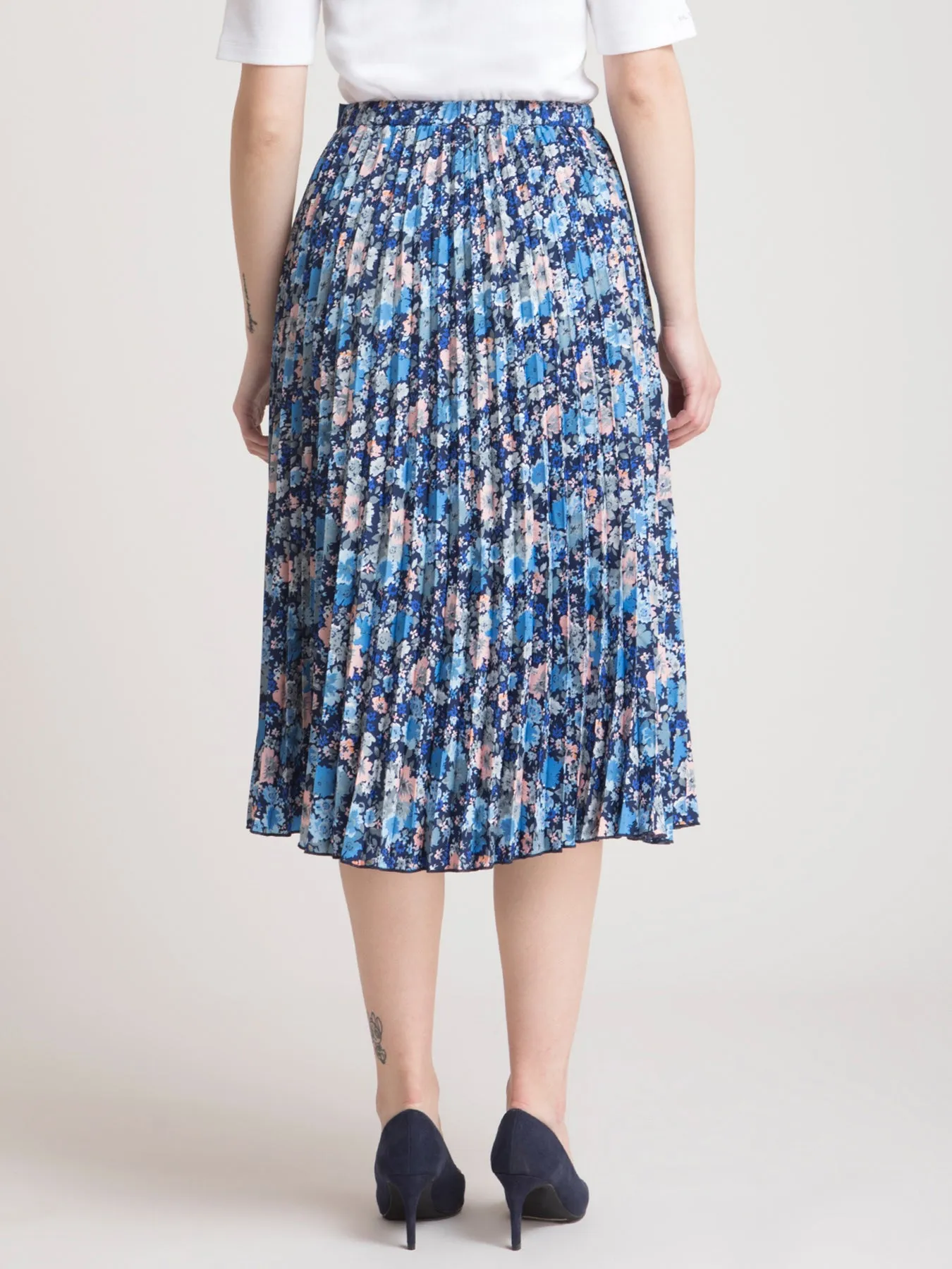 Pleated Flared Floral Midi Skirt - Blue