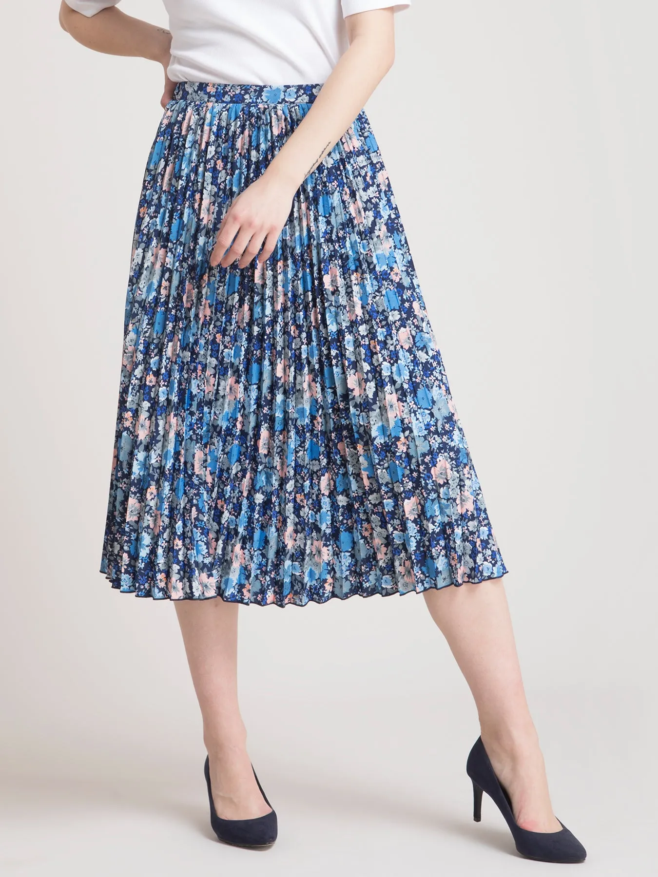 Pleated Flared Floral Midi Skirt - Blue