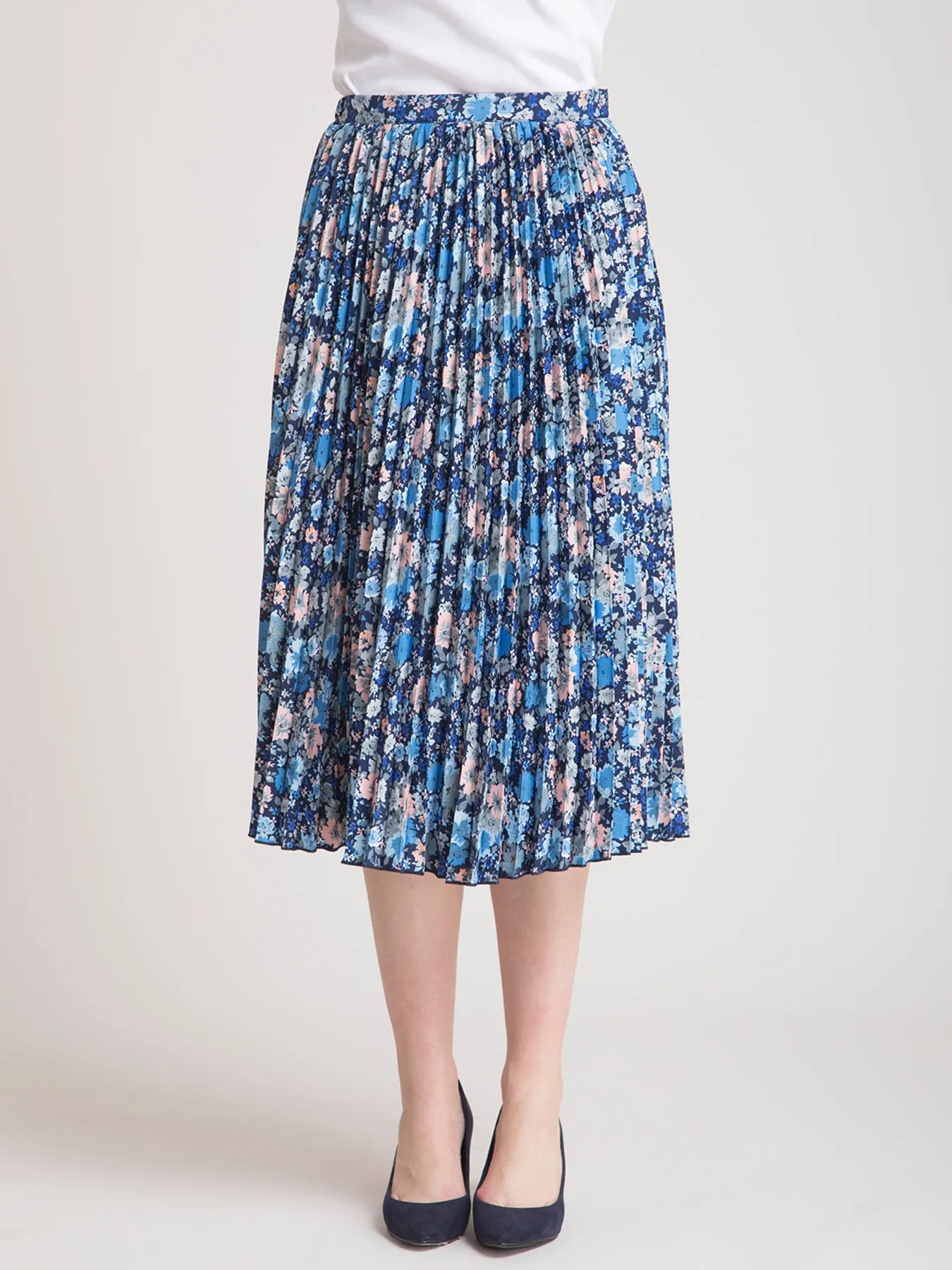 Pleated Flared Floral Midi Skirt - Blue