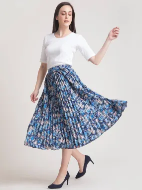 Pleated Flared Floral Midi Skirt - Blue