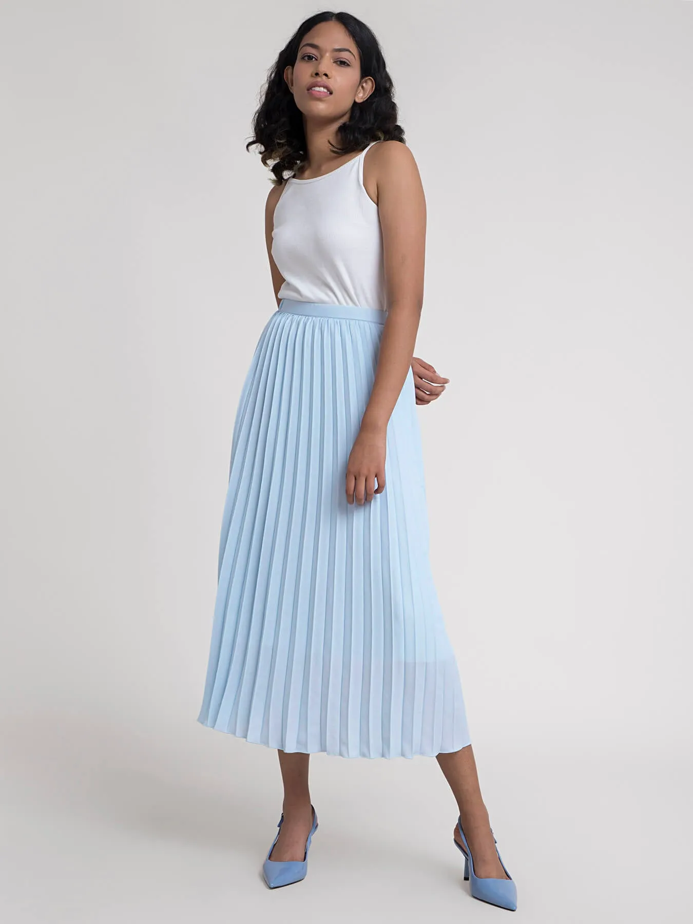 Pleated Flared Midi Skirt - Light Blue