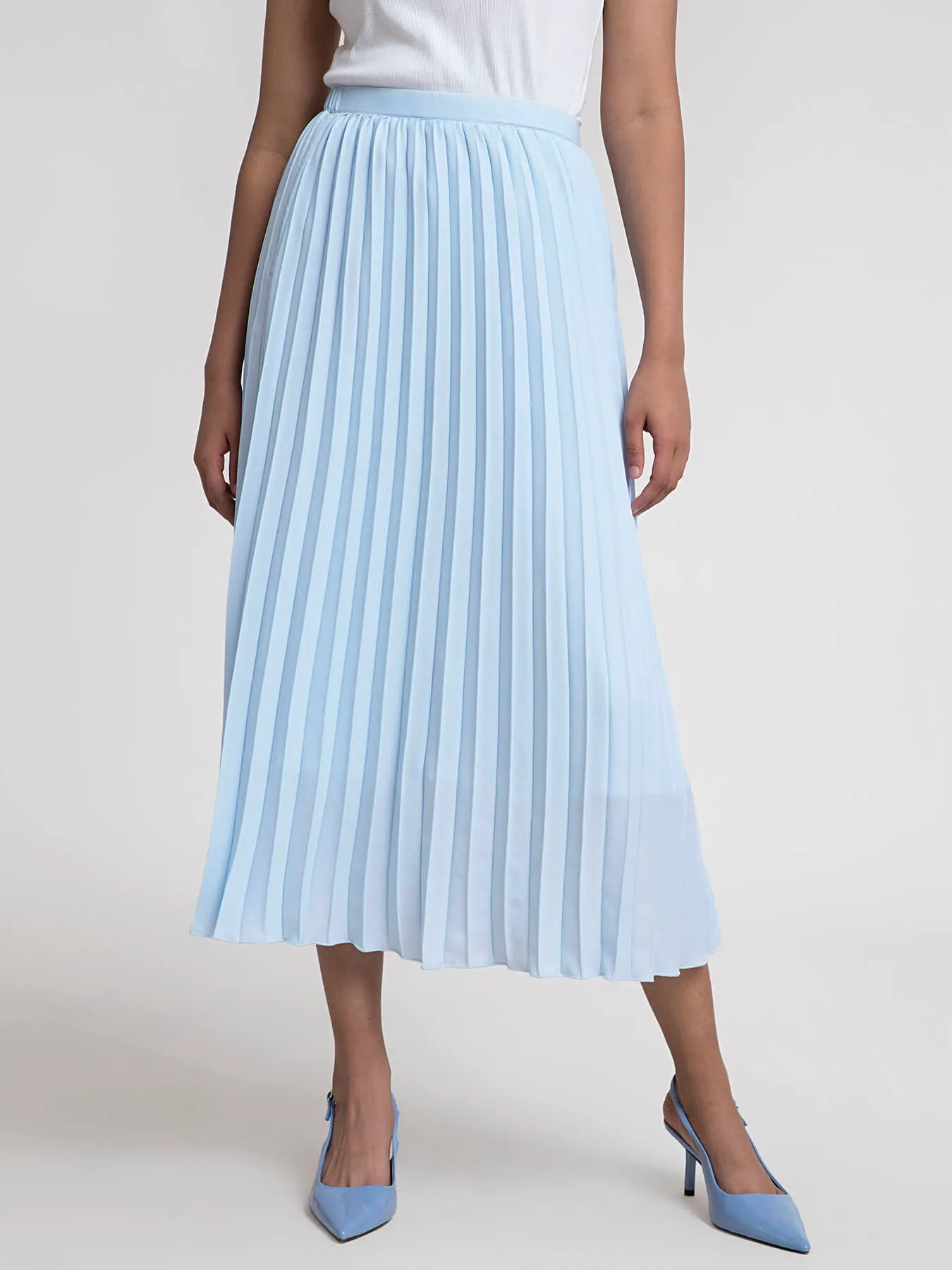 Pleated Flared Midi Skirt - Light Blue