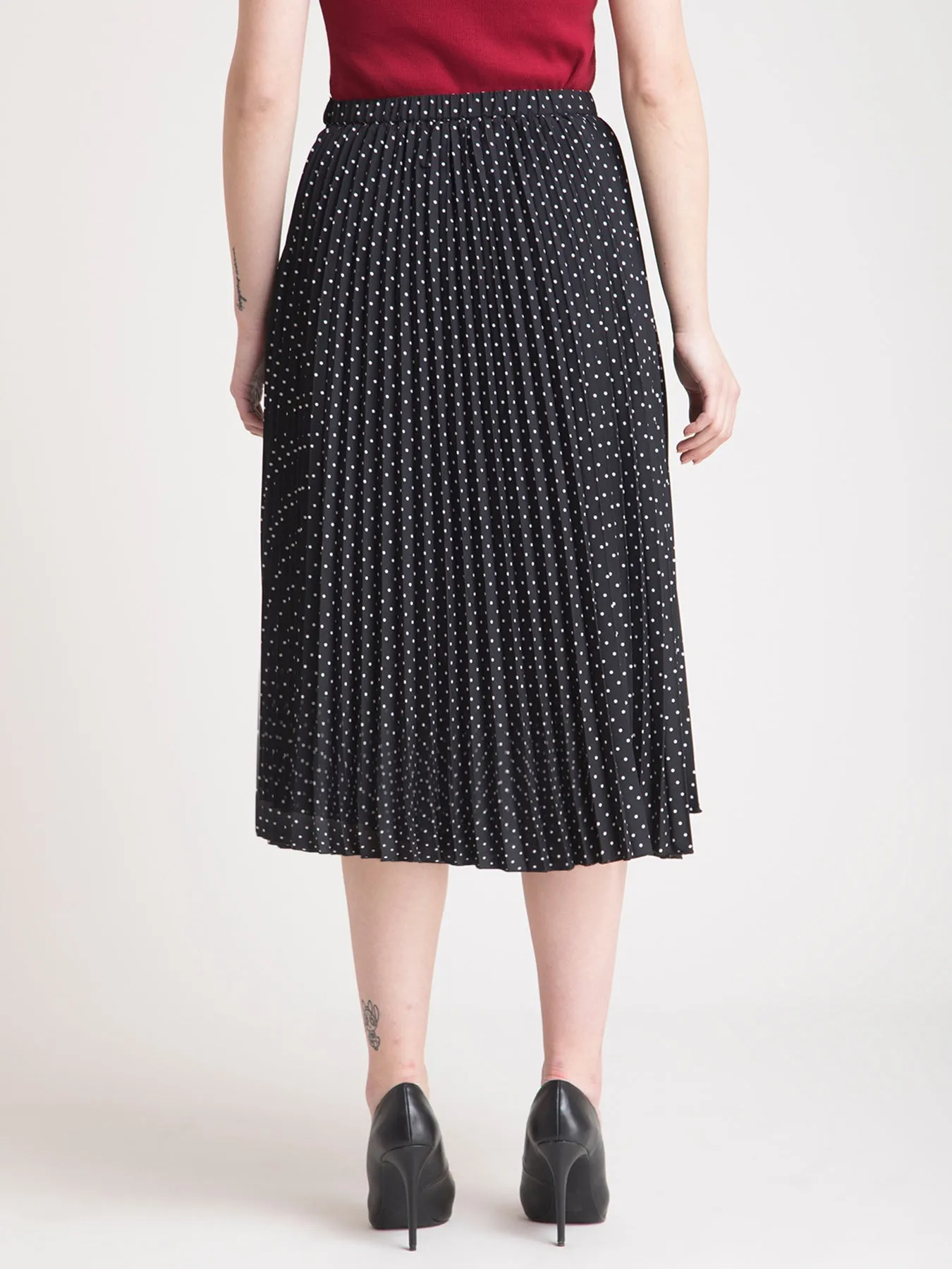 Pleated Flared Polka Midi Skirt - Black and White