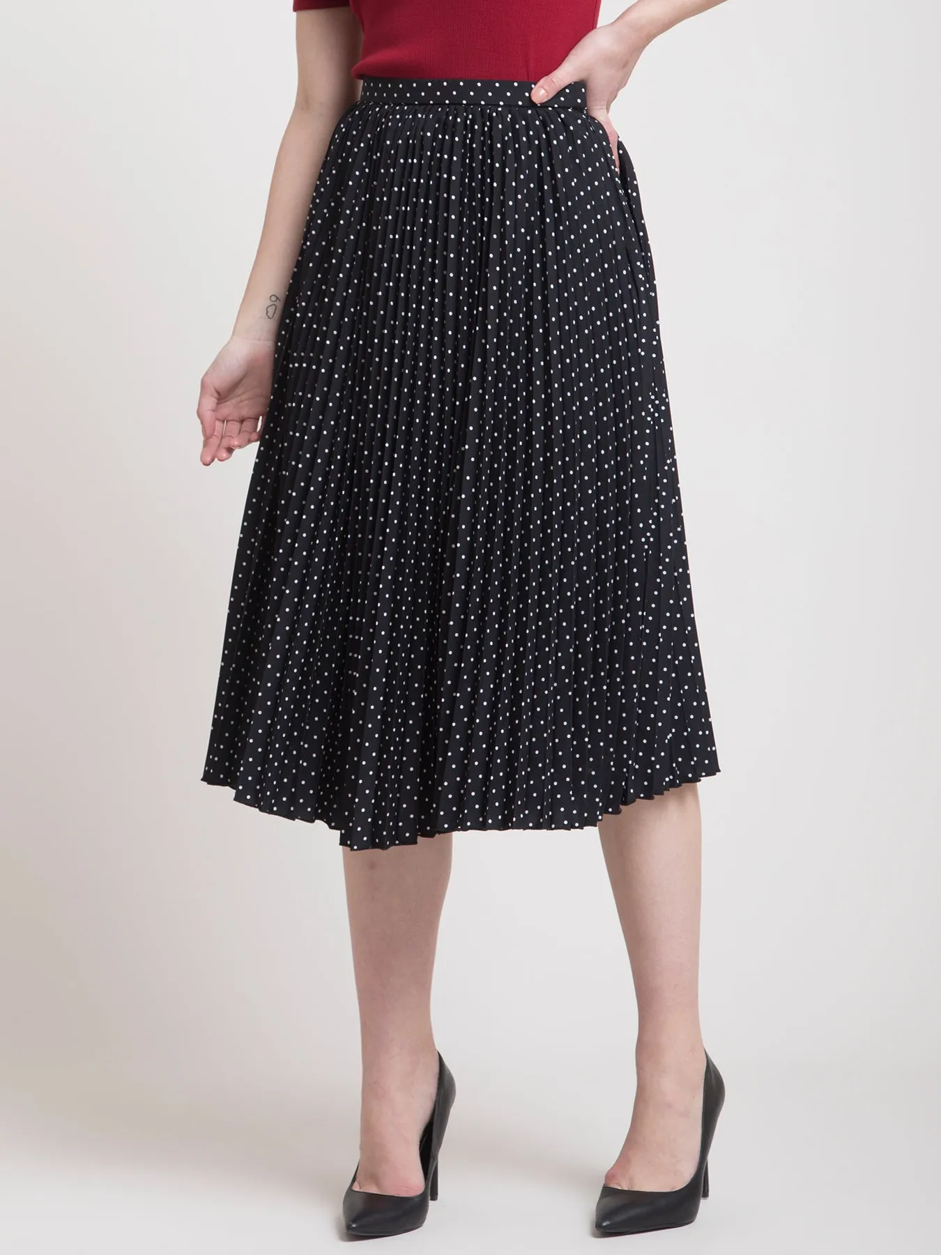 Pleated Flared Polka Midi Skirt - Black and White