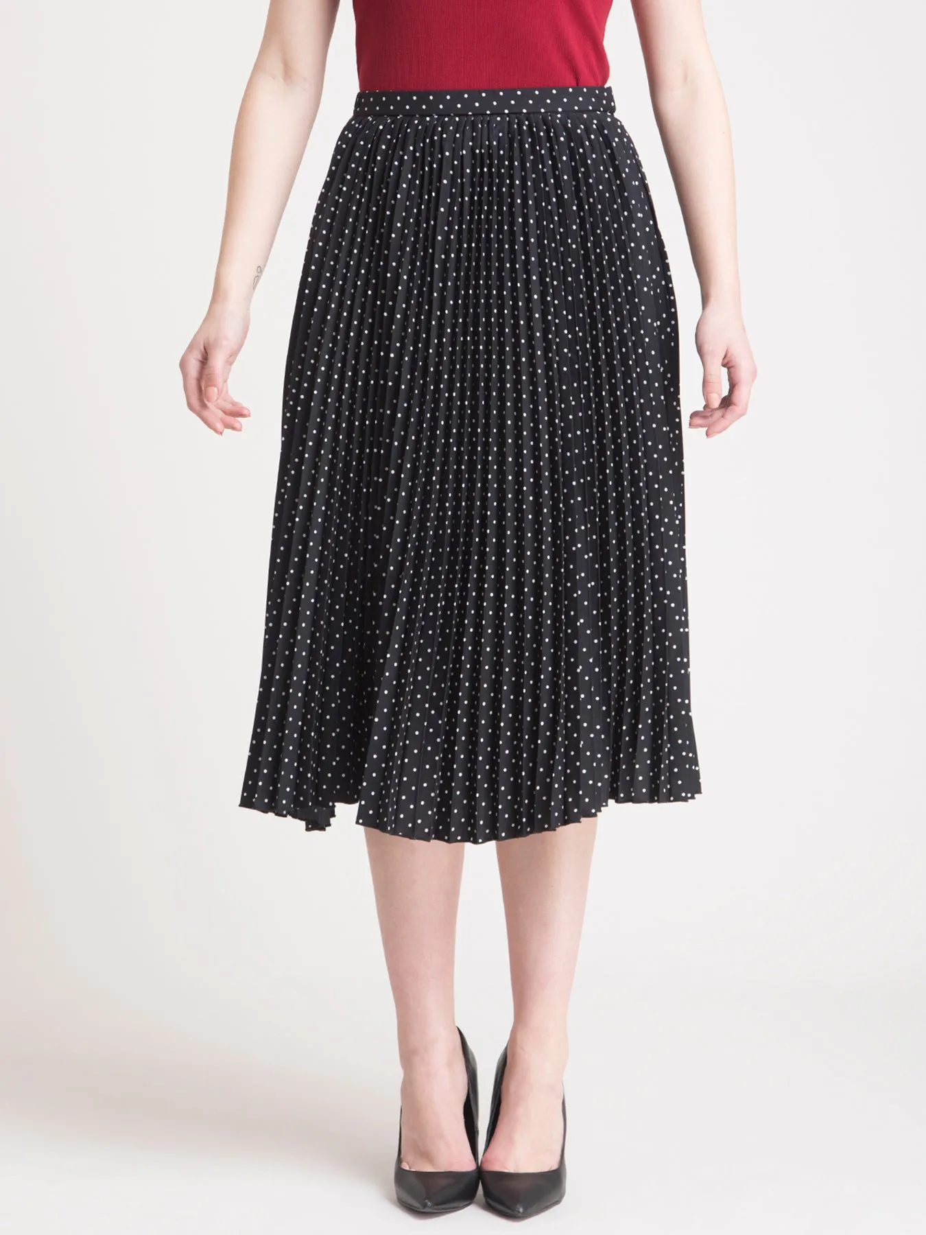 Pleated Flared Polka Midi Skirt - Black and White