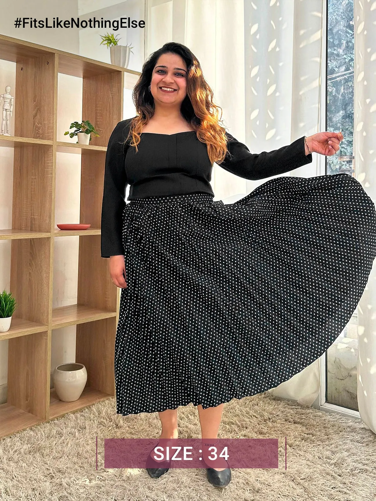 Pleated Flared Polka Midi Skirt - Black and White