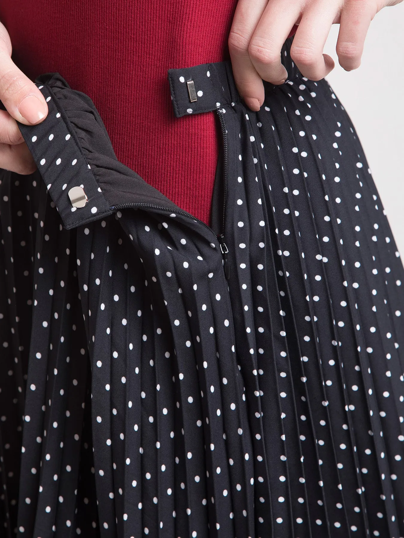 Pleated Flared Polka Midi Skirt - Black and White
