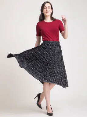 Pleated Flared Polka Midi Skirt - Black and White