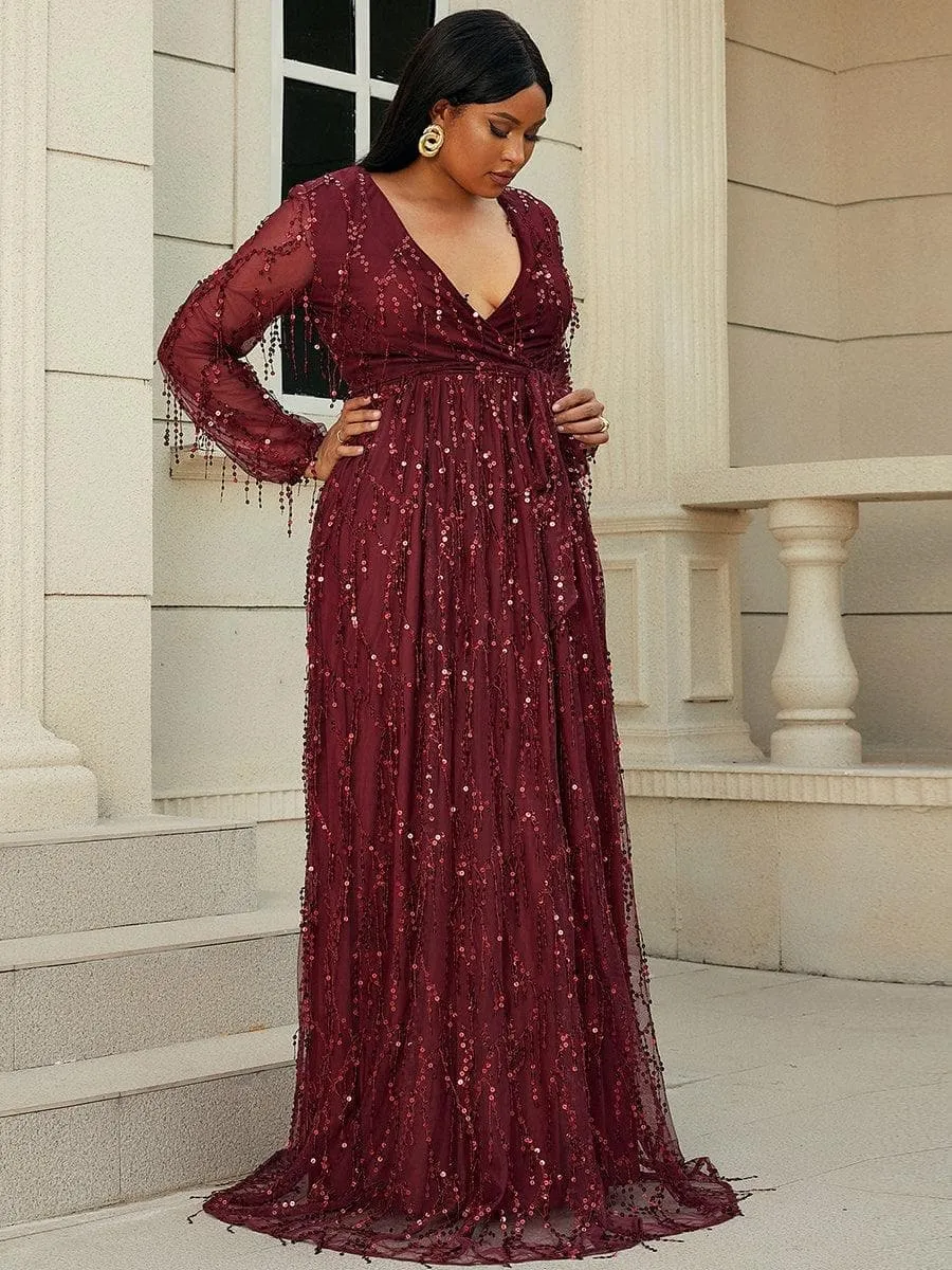 Plus Size V Neck Mesh Sleeve Red Maxi Sequin Formal Dress P0376