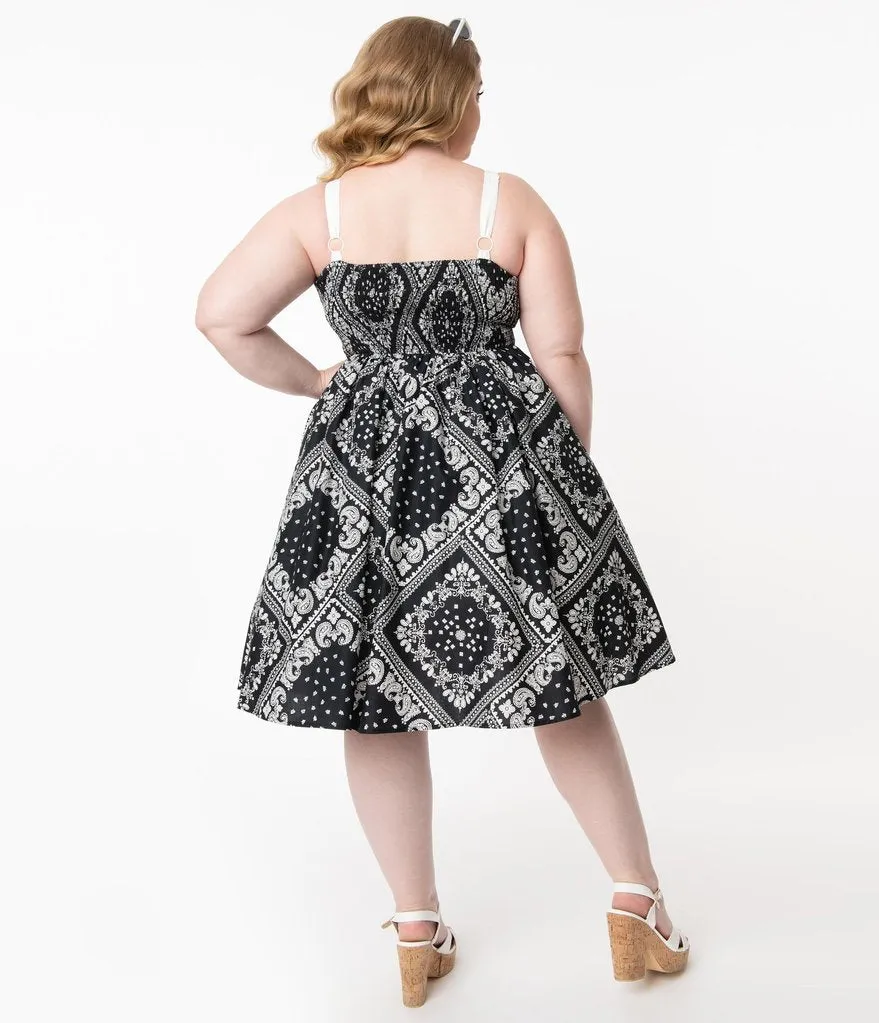 Unique Vintage Black Bandana Print Rockie Swing Dress (XS ONLY)