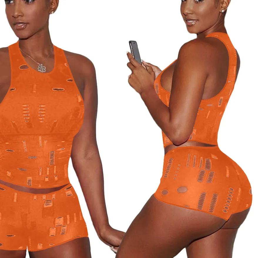 Women'S Casual Knitted Ripped Sleeveless Vest Two-Piece Set Wholesale Womens Clothing N3824011100012