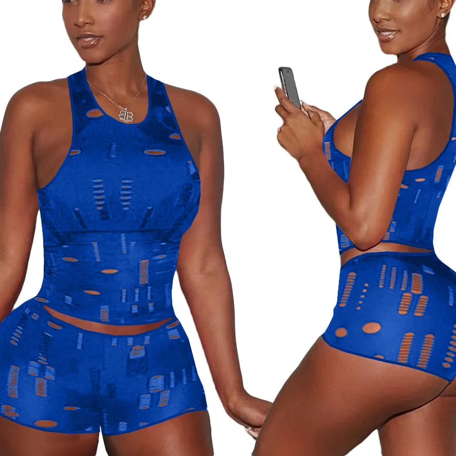 Women'S Casual Knitted Ripped Sleeveless Vest Two-Piece Set Wholesale Womens Clothing N3824011100012