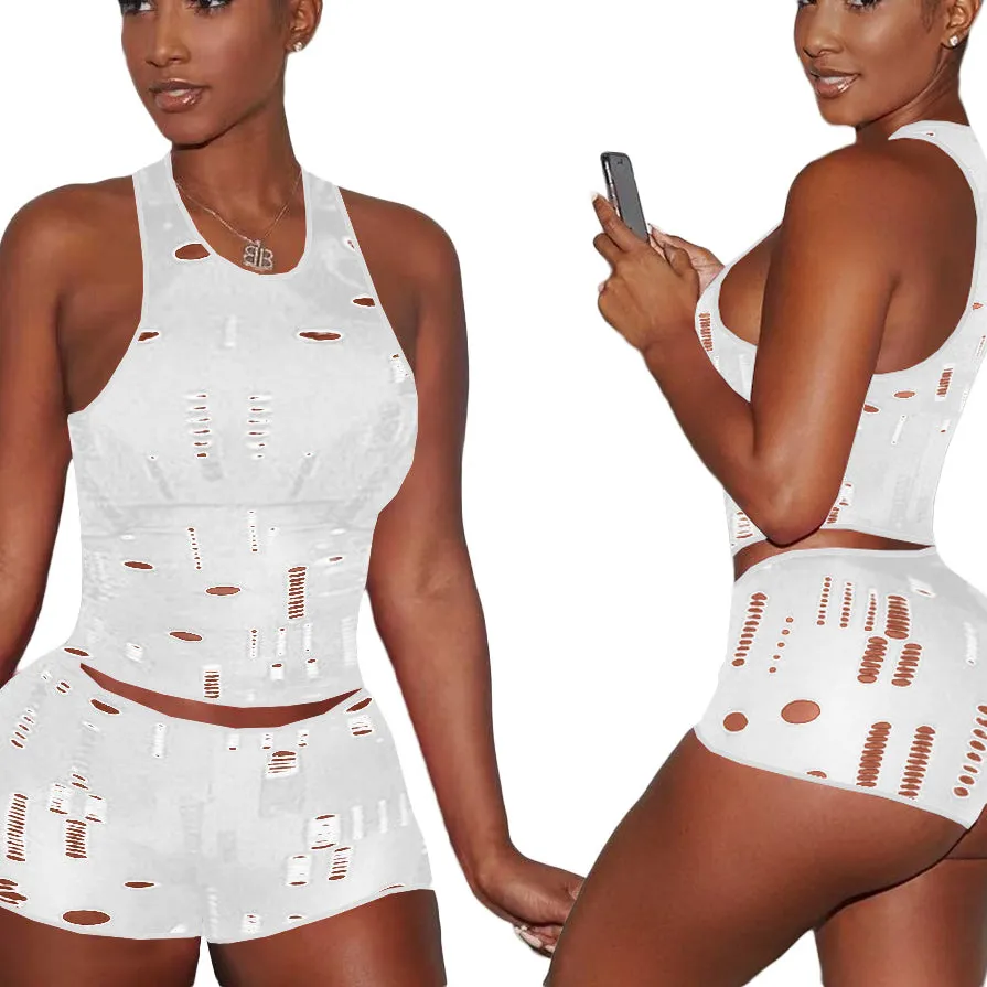 Women'S Casual Knitted Ripped Sleeveless Vest Two-Piece Set Wholesale Womens Clothing N3824011100012