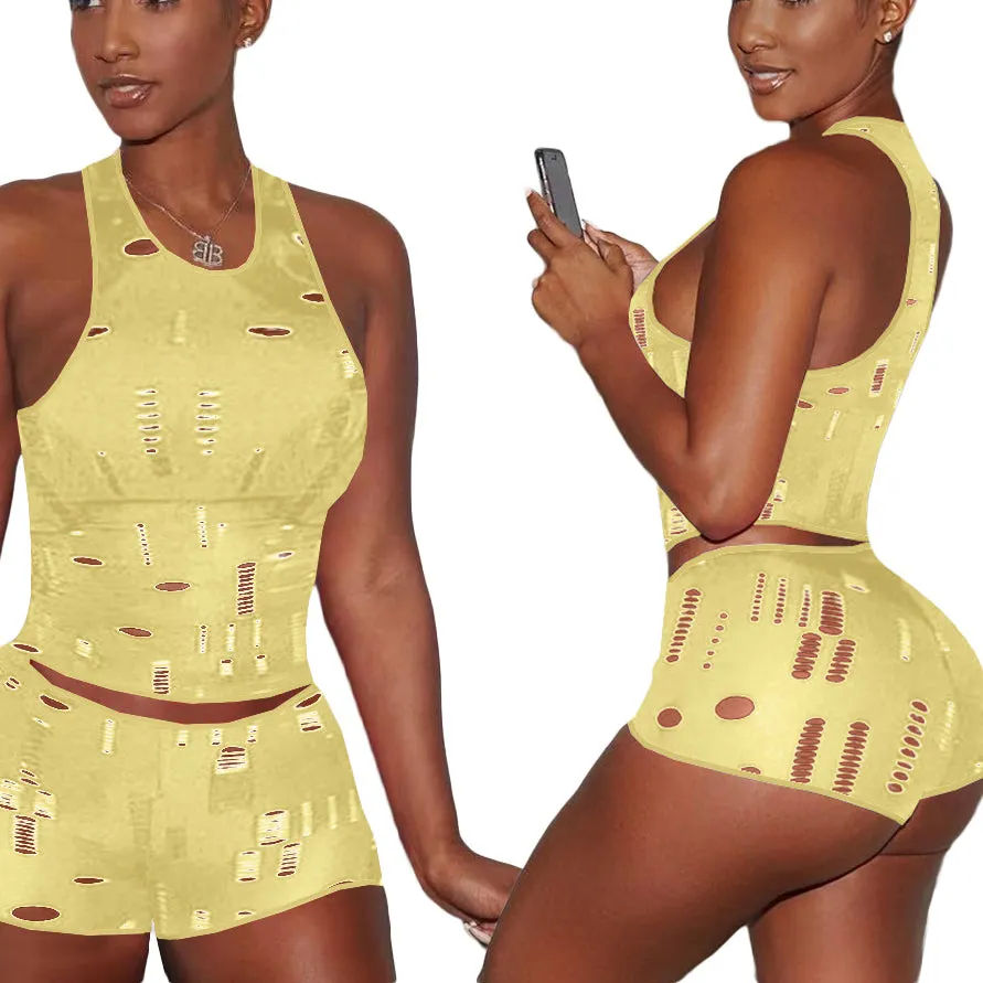 Women'S Casual Knitted Ripped Sleeveless Vest Two-Piece Set Wholesale Womens Clothing N3824011100012