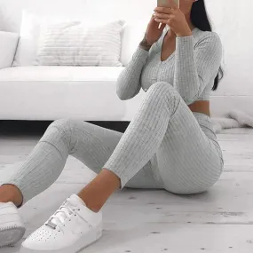Women＇s Two Piece Sets V-neck Long Sleeve Sexy Crop Tops Pants summer