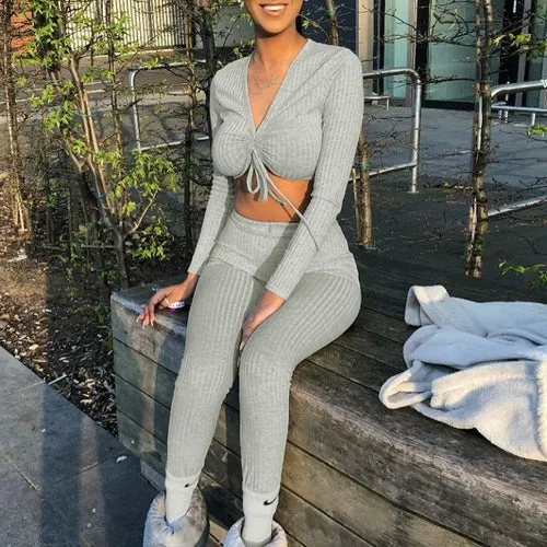Women＇s Two Piece Sets V-neck Long Sleeve Sexy Crop Tops Pants summer