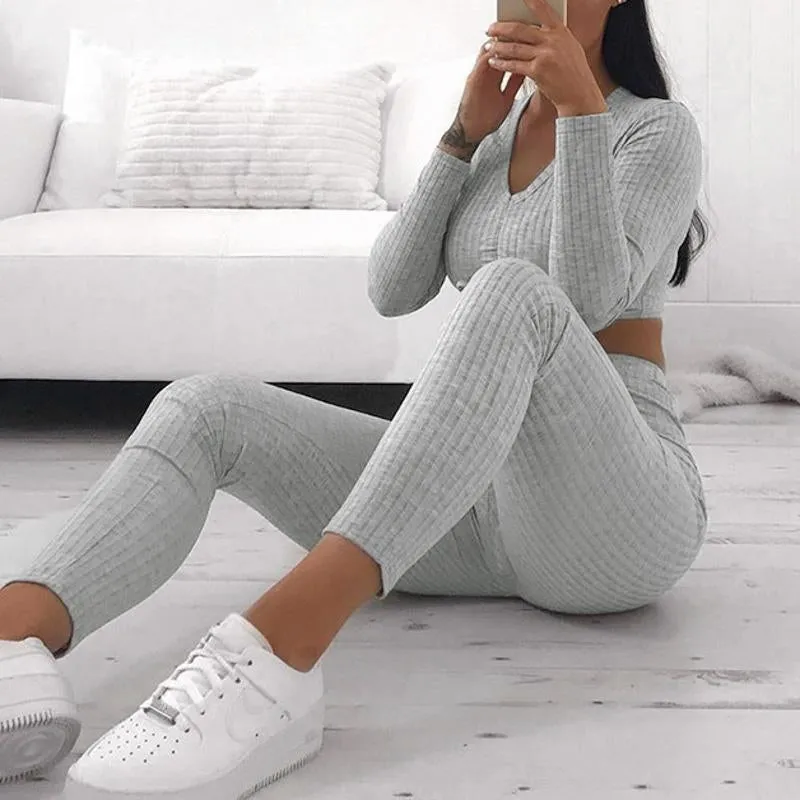 Women＇s Two Piece Sets V-neck Long Sleeve Sexy Crop Tops Pants summer