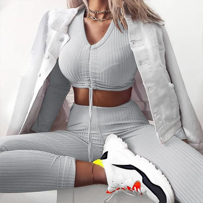 Women＇s Two Piece Sets V-neck Long Sleeve Sexy Crop Tops Pants summer
